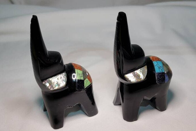 Large Obsidian Elephant Inlayed with multiple Crystals all Handmade from Mexico / Paper Weight / Symbol of Wisdom