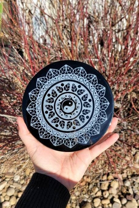 Obsidian Mirror 6" * Hand Carved * OM * Ganesh * Sacred Cemetery * Lotus * Scrying Mirror * Spiritual Protection * Shaman * Shadow Work