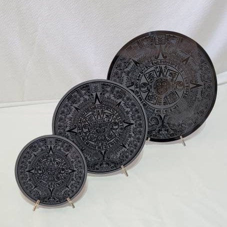 Aztec Calendar Obsidian Mirror * Hand Carved Scrying Tool * Spiritual Protection * Shaman Tool * Shadow Work * Divination Decor * with Stand