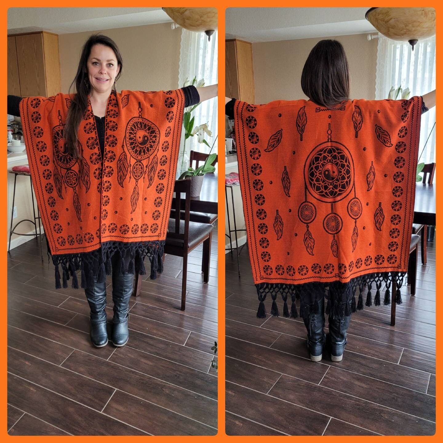 Ying Yang * Dream Catcher * Crystal * Poncho * Gaban * Shawl Wrap Reversible Orange & Black from Mexico