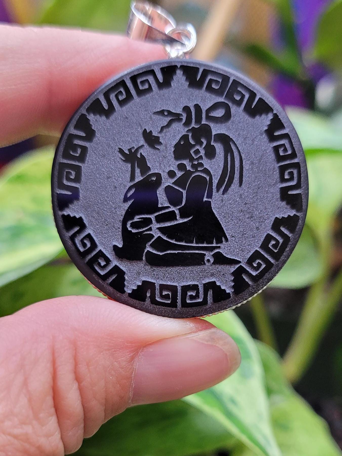 Ixchel Moon Goddess Obsidian Pendant • Handmade Etched Jewelry • Mayan Moon Magic • Protection Amulet • Spiritual Gift 2"