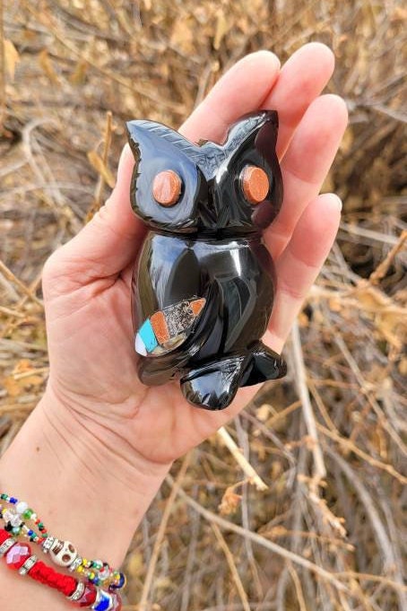Obsidian Owl Boo with Inlays / Encrusted with Abalone Shell, Sandstone, Amethyst & other Crystals * Paper Weight * Handmade Mexico * Unique