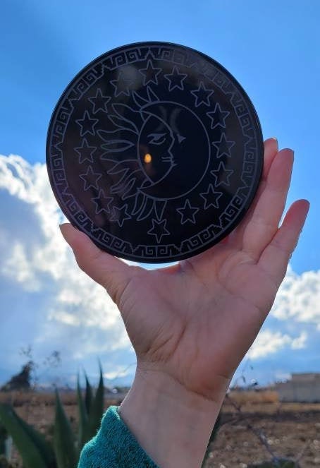 Eclipse * Black Mexican Obsidian Mirror 4" 6" inches * Sun/Moon Hand Carved * Scrying Mirror * Spiritual Protection * Shaman * Divinational