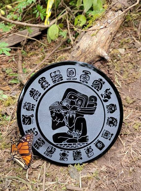 Mayan Etched Calendar Obsidian Mirror 4" 6" 8" * Hand carved * Scrying Mirror * Spiritual Protection * Shaman * Shadow Work * Divinational