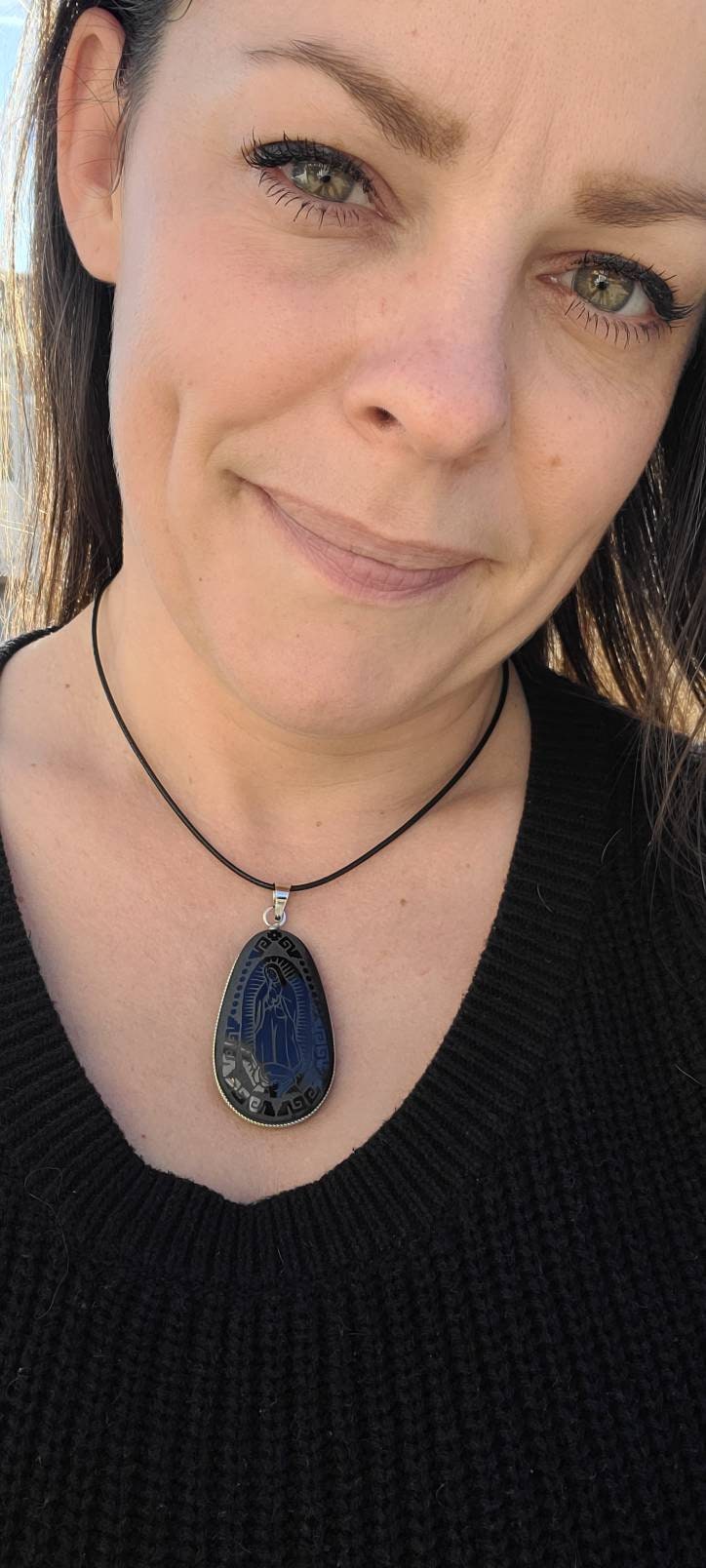 Virgin Mary  Pendant * Obsidian Mirror * Hand carved * Scrying Mirror * Spiritual Protection * Shaman * Shadow Work * Divinational