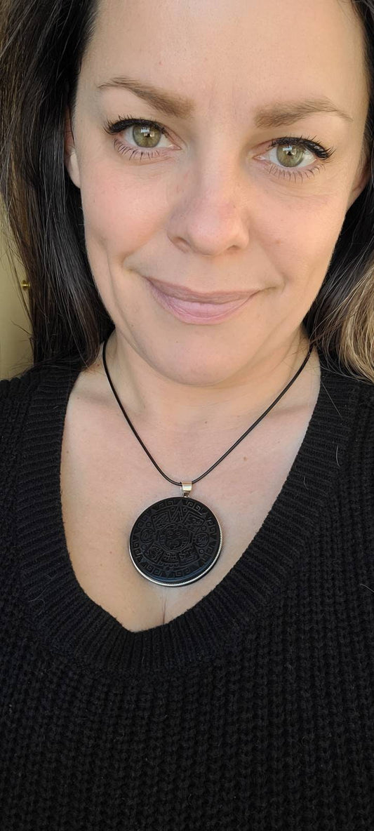 Aztec Calendar Obsidian Mirror Pendant • Hand Carved • Scrying Tool • Shadow Work • Spiritual Jewelry • Shamanic Protection w Necklace