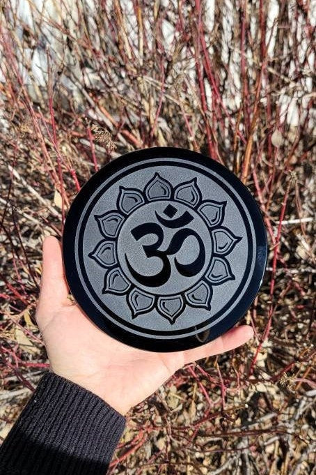 Obsidian Mirror 6" * Hand Carved * OM * Ganesh * Sacred Cemetery * Lotus * Scrying Mirror * Spiritual Protection * Shaman * Shadow Work