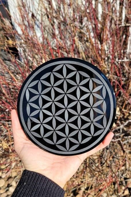 Obsidian Mirror 6" * Hand Carved * OM * Ganesh * Sacred Cemetery * Lotus * Scrying Mirror * Spiritual Protection * Shaman * Shadow Work