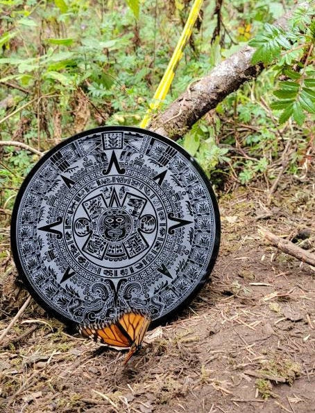 Aztec Calendar Obsidian Mirror * Hand Carved Scrying Tool * Spiritual Protection * Shaman Tool * Shadow Work * Divination Decor * with Stand