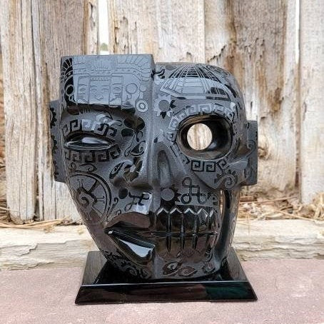 Etched Golden Sheen Obsidian Duality ( Life "Face" / Death "Skull" ) Mask * Aztec & Mayan * Alter Space *
