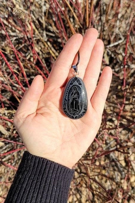 Virgin Mary  Pendant * Obsidian Mirror * Hand carved * Scrying Mirror * Spiritual Protection * Shaman * Shadow Work * Divinational