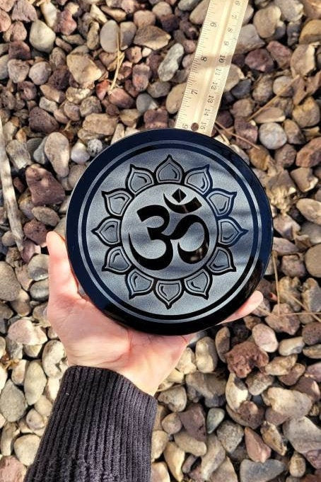 Obsidian Mirror 6" * Hand Carved * OM * Ganesh * Sacred Cemetery * Lotus * Scrying Mirror * Spiritual Protection * Shaman * Shadow Work