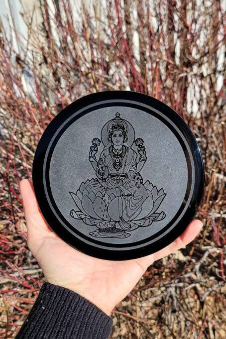 Obsidian Mirror 6" * Hand Carved * OM * Ganesh * Sacred Cemetery * Lotus * Scrying Mirror * Spiritual Protection * Shaman * Shadow Work