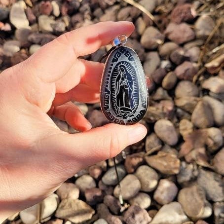 Virgin Mary  Pendant * Obsidian Mirror * Hand carved * Scrying Mirror * Spiritual Protection * Shaman * Shadow Work * Divinational