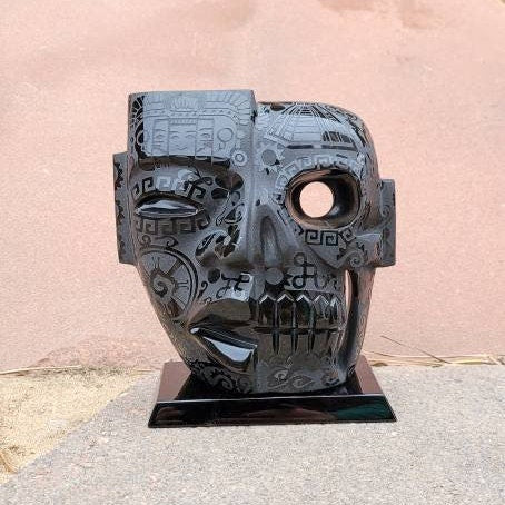 Etched Golden Sheen Obsidian Duality ( Life "Face" / Death "Skull" ) Mask * Aztec & Mayan * Alter Space *