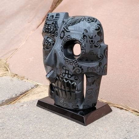 Etched Golden Sheen Obsidian Duality ( Life "Face" / Death "Skull" ) Mask * Aztec & Mayan * Alter Space *