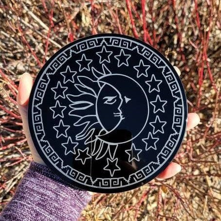 Eclipse * Black Mexican Obsidian Mirror 4" 6" inches * Sun/Moon Hand Carved * Scrying Mirror * Spiritual Protection * Shaman * Divinational
