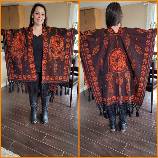 Ying Yang * Dream Catcher * Crystal * Poncho * Gaban * Shawl Wrap Reversible Orange & Black from Mexico