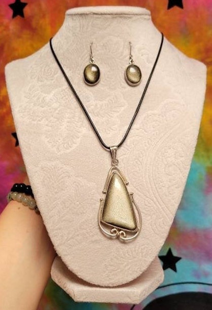 Golden Sheen Obsidian 925 Silver from Taxco Mexico Pendant Earrings Set * Hand Made * Handcrafted