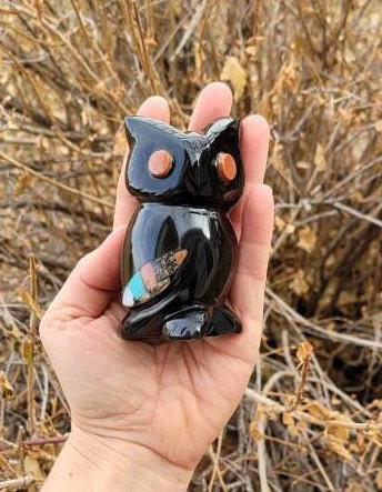 Obsidian Owl Boo with Inlays / Encrusted with Abalone Shell, Sandstone, Amethyst & other Crystals * Paper Weight * Handmade Mexico * Unique