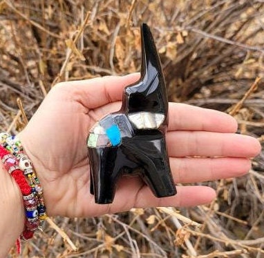 Large Obsidian Elephant Inlayed with multiple Crystals all Handmade from Mexico / Paper Weight / Symbol of Wisdom