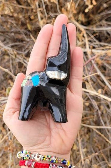 Large Obsidian Elephant Inlayed with multiple Crystals all Handmade from Mexico / Paper Weight / Symbol of Wisdom