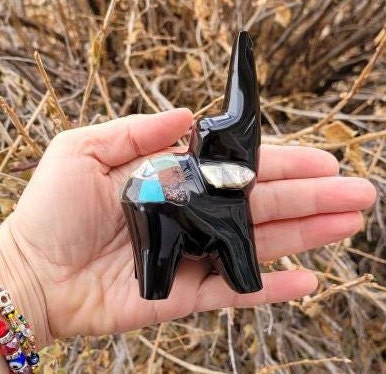 Large Obsidian Elephant Inlayed with multiple Crystals all Handmade from Mexico / Paper Weight / Symbol of Wisdom