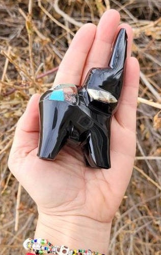 Large Obsidian Elephant Inlayed with multiple Crystals all Handmade from Mexico / Paper Weight / Symbol of Wisdom