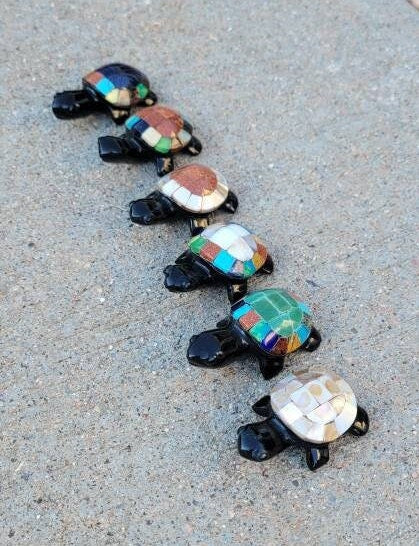 Obsidian Turtles Hand Carved Inlayed with Multiple Stones from Mexico * Paper Weight * Volcanic Glass