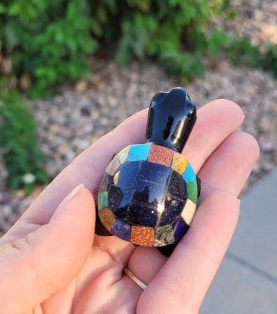 Obsidian Turtles Hand Carved Inlayed with Multiple Stones from Mexico * Paper Weight * Volcanic Glass