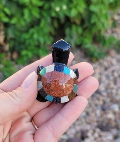 Obsidian Turtles Hand Carved Inlayed with Multiple Stones from Mexico * Paper Weight * Volcanic Glass