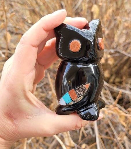 Obsidian Owl Boo with Inlays / Encrusted with Abalone Shell, Sandstone, Amethyst & other Crystals * Paper Weight * Handmade Mexico * Unique