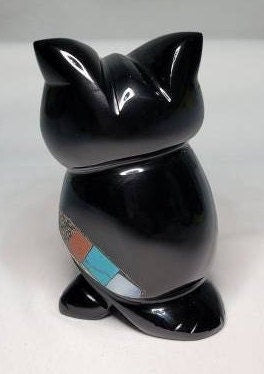 Obsidian Owl Boo with Inlays / Encrusted with Abalone Shell, Sandstone, Amethyst & other Crystals * Paper Weight * Handmade Mexico * Unique