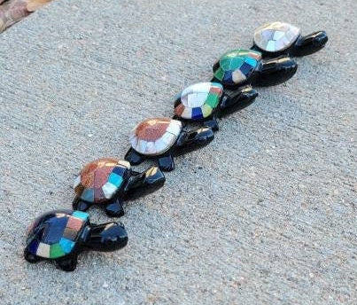 Obsidian Turtles Hand Carved Inlayed with Multiple Stones from Mexico * Paper Weight * Volcanic Glass