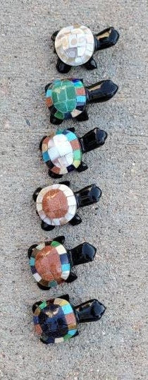 Obsidian Turtles Hand Carved Inlayed with Multiple Stones from Mexico * Paper Weight * Volcanic Glass