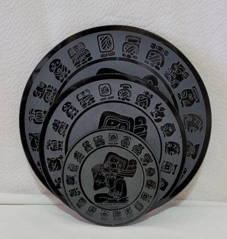 Mayan Etched Calendar Obsidian Mirror 4" 6" 8" * Hand carved * Scrying Mirror * Spiritual Protection * Shaman * Shadow Work * Divinational