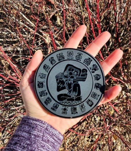 Mayan Etched Calendar Obsidian Mirror 4" 6" 8" * Hand carved * Scrying Mirror * Spiritual Protection * Shaman * Shadow Work * Divinational