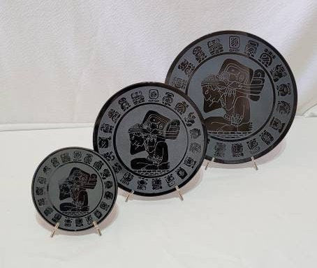 Mayan Etched Calendar Obsidian Mirror 4" 6" 8" * Hand carved * Scrying Mirror * Spiritual Protection * Shaman * Shadow Work * Divinational