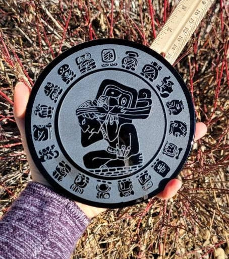 Mayan Etched Calendar Obsidian Mirror 4" 6" 8" * Hand carved * Scrying Mirror * Spiritual Protection * Shaman * Shadow Work * Divinational