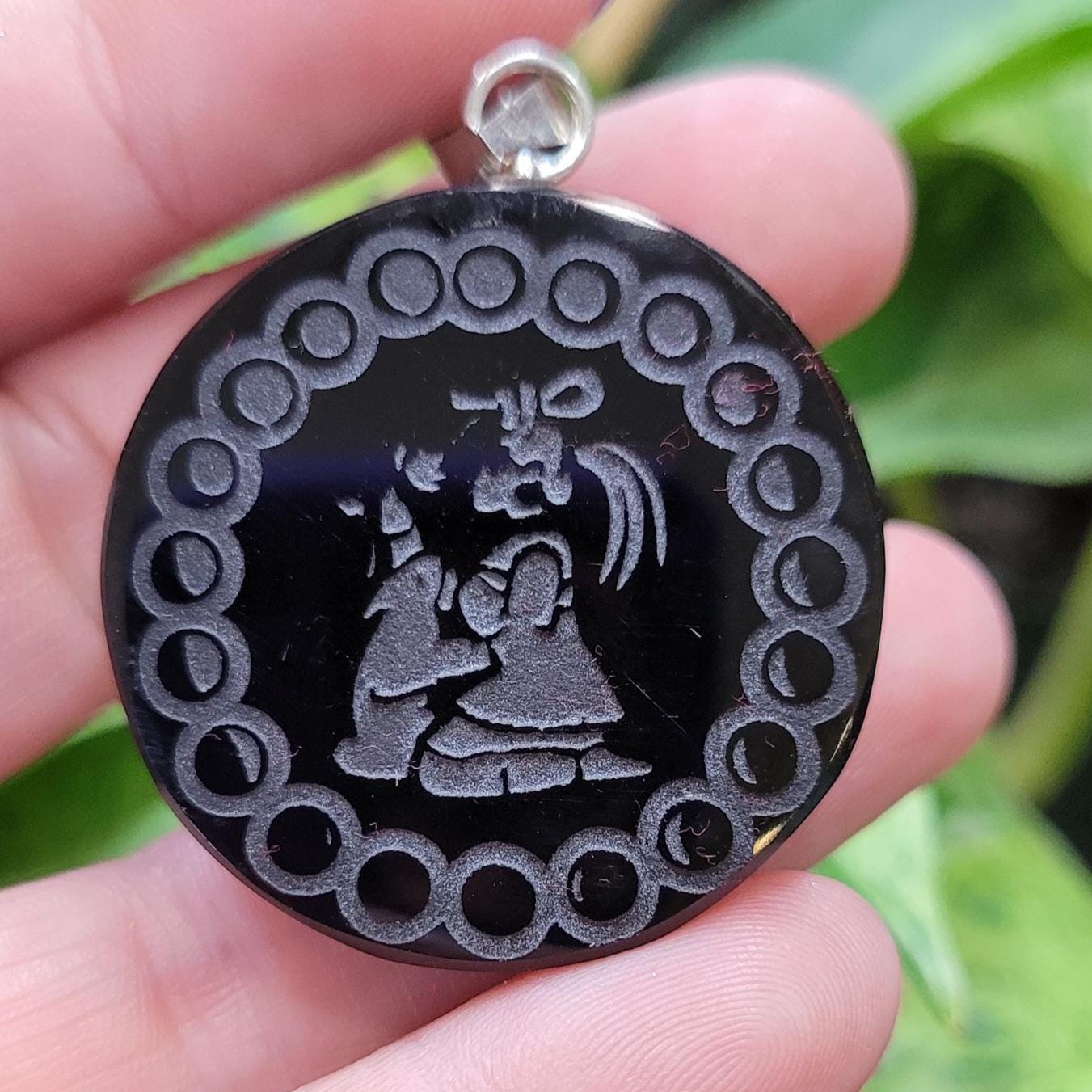 Ixchel Moon Goddess Obsidian Pendant • Handmade Etched Jewelry • Mayan Moon Magic • Protection Amulet • Spiritual Gift 2"