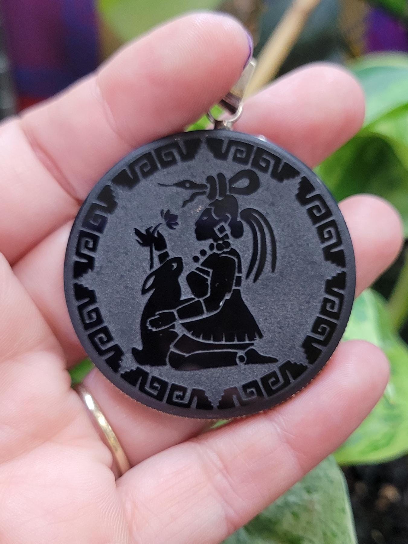 Ixchel Moon Goddess Obsidian Pendant • Handmade Etched Jewelry • Mayan Moon Magic • Protection Amulet • Spiritual Gift 1.5"