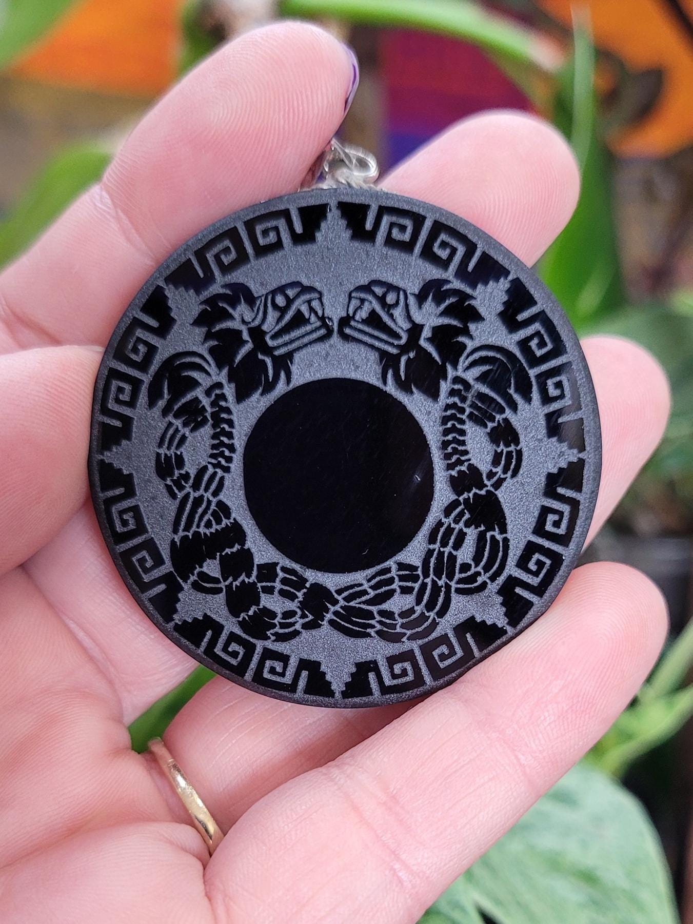 Feathered Serpent Obsidian Quetzalcoatl AztecMayan God Pendant * Scrying Mirror * Spiritual Protection * Shaman * Shadow Work * Divinational
