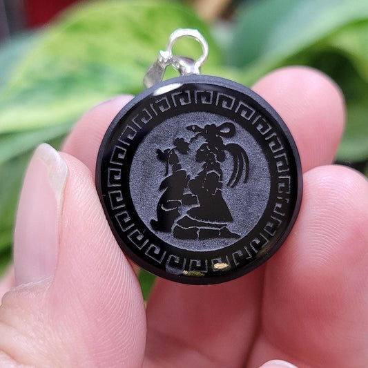 Ixchel Moon Goddess Obsidian Pendant • Handmade Etched Jewelry • Mayan Moon Magic • Protection Amulet • Spiritual Gift 1"
