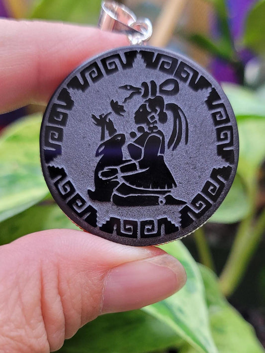 Ixchel Moon Goddess Obsidian Pendant • Handmade Etched Jewelry • Mayan Moon Magic • Protection Amulet • Spiritual Gift 1.5"