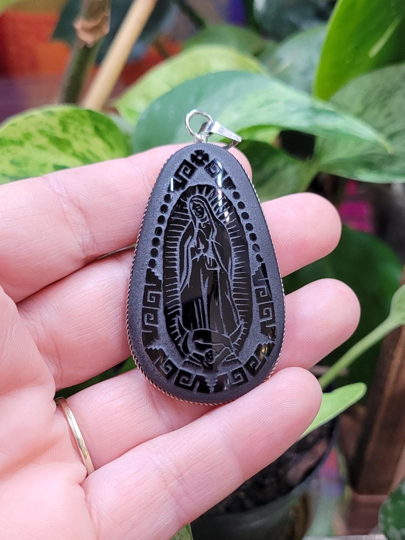 Virgin Mary  Pendant * Obsidian Mirror * Hand carved * Scrying Mirror * Spiritual Protection * Shaman * Shadow Work * Divinational